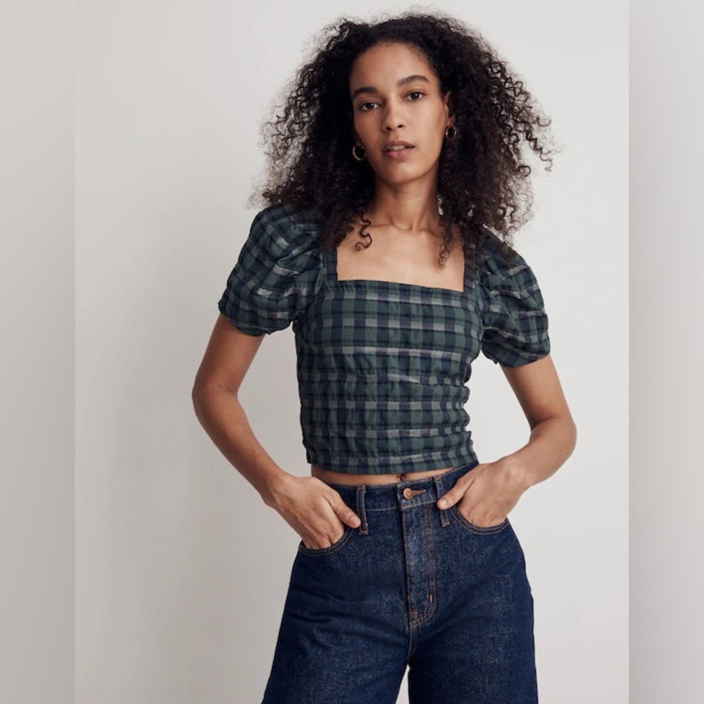 NWT Madewell Hopewell Puff-Sleeve Crop Top Plaid Green Cottagecore XXL Peasant